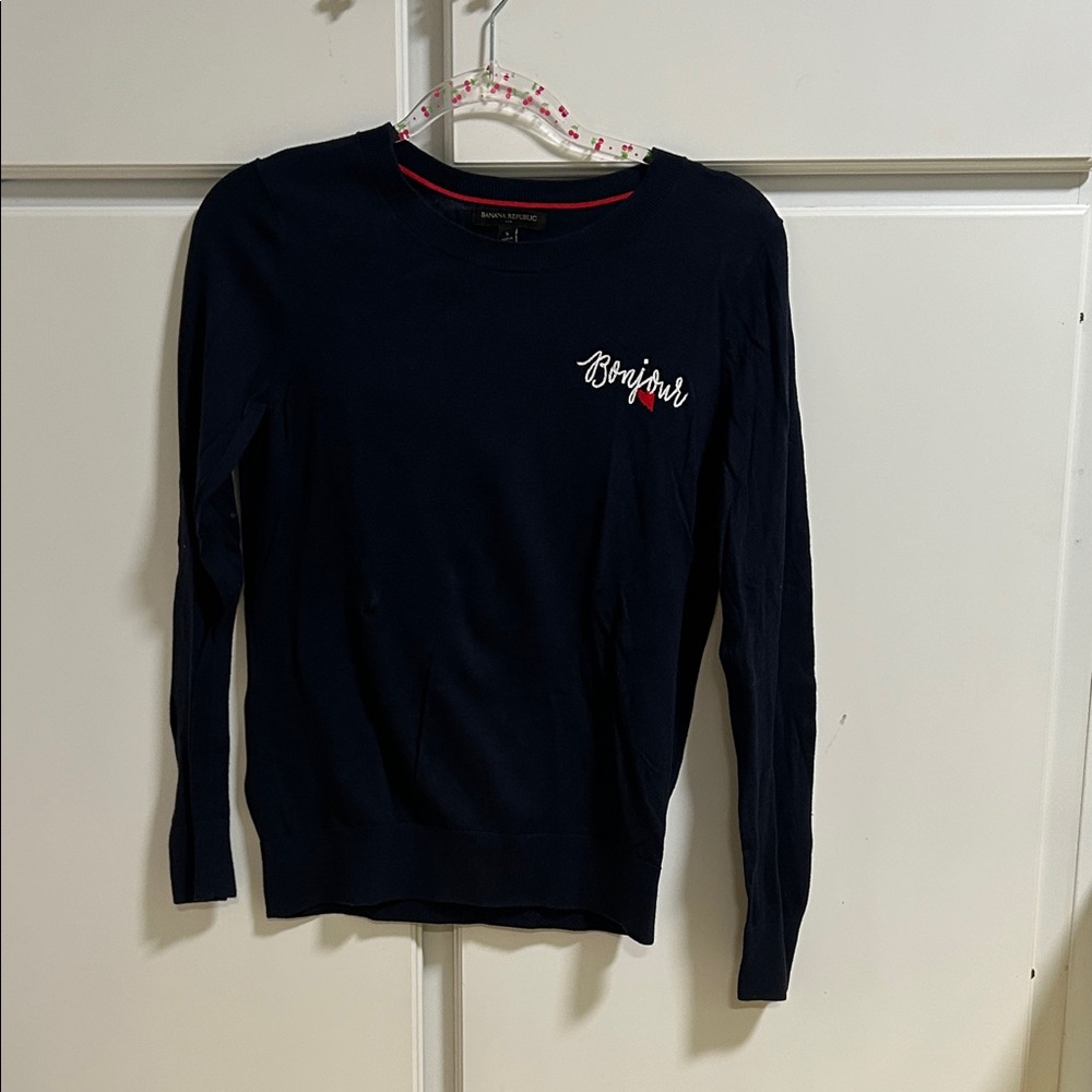 Banana Republic Navy Embroidered Bonjour Cotton Sweater Small